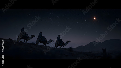 Three Wise Men riding across a vast desert on camels
