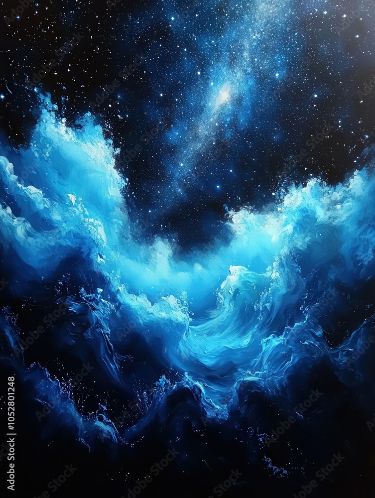 Captivating Cosmic Ocean Night Sky Painting with Stars Twinkling and Mysterious Nebulae Creating a Dreamlike Celestial Landscape of Vivid Blue and Black Captivating Cosmic Ocean Night Sky Painting with Stars Twinkling and Mysterious Nebulae Creating a Dreamlike Celestial Landscape of Vivid Blue and Black