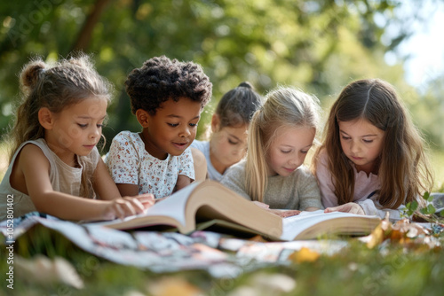 Children immersed in books at the park, surrounded by lush greenery.