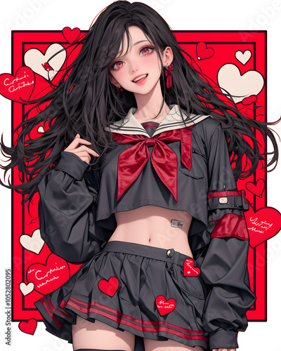 Cute Anime Girl in School Uniform with Red Bow and Hearts photo