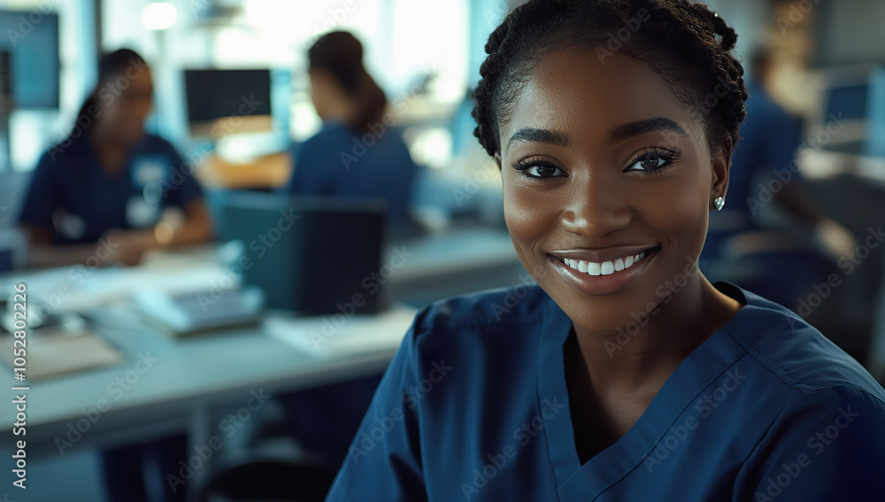 Black nurse at her desk with colleagues in navy scrubs, busy workday Black nurse at her desk with colleagues in navy scrubs, busy workday