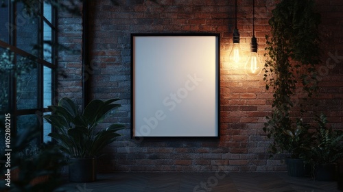 mockup white box on brick wall and yellow light bulb