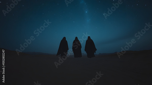 Three Wise Men walking across a vast desert