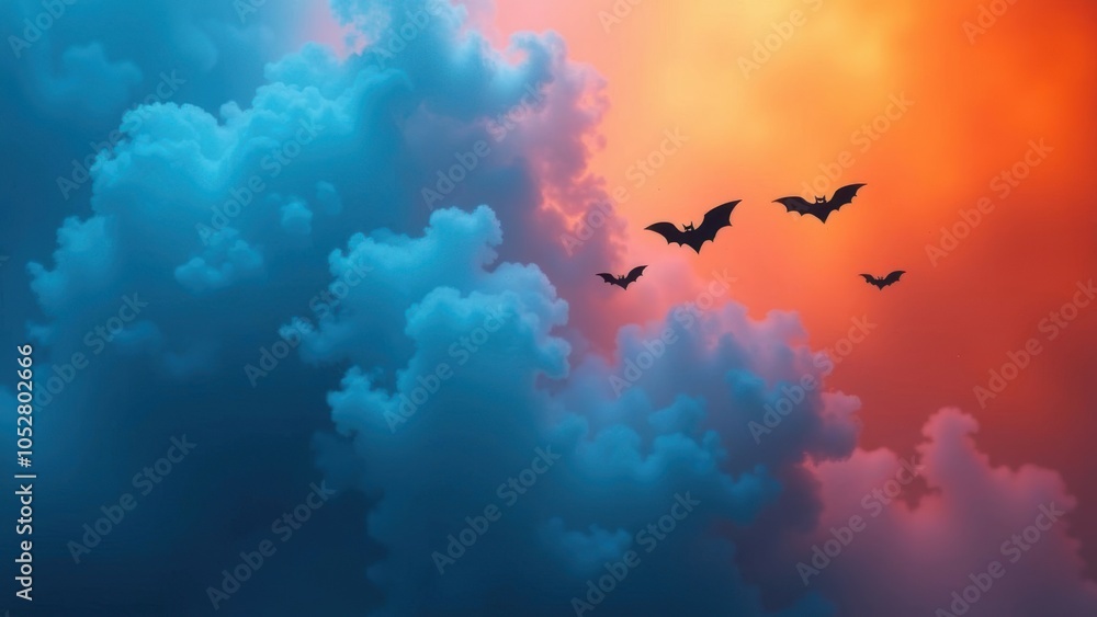 Fototapeta premium Thick dark gray-blue smoke floats against a bright orange sky,