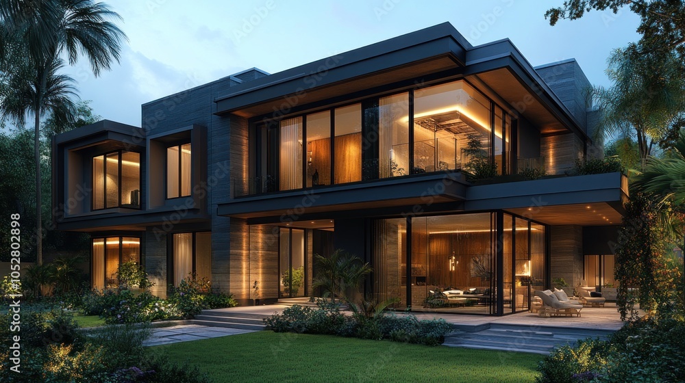 Modern architectural design featuring large glass windows and greenery. Modern architectural design featuring large glass windows and greenery.