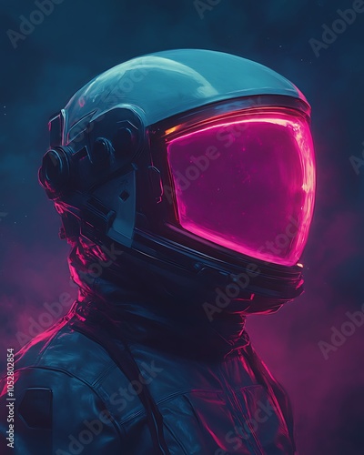 Futuristic astronaut in neon glow against cosmic background photo