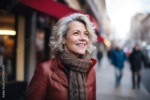 Portrait of happy mature woman in coat and scarf on city street