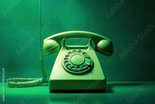 An old green telephone against a matching green background. photo