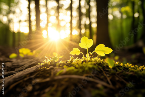 Young plants illuminated by sunlight in forest photo