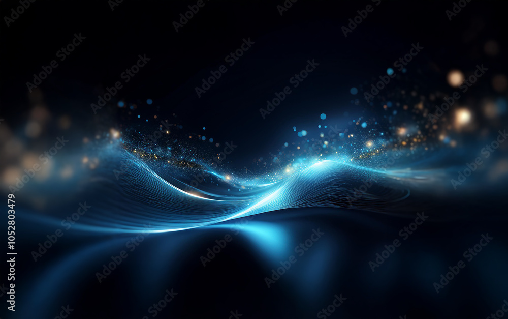 Fototapeta premium Abstract glowing blue waves with scattered light on a black background.