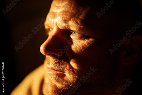 Close-up portrait of a contemplative man in golden light