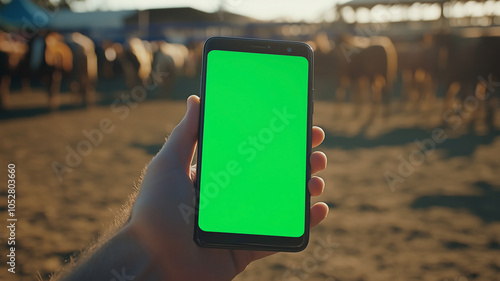 Smartphone held in mans hand as he uses an app with a cattle farm in the background. The smart phone screen is a chroma key green screen.