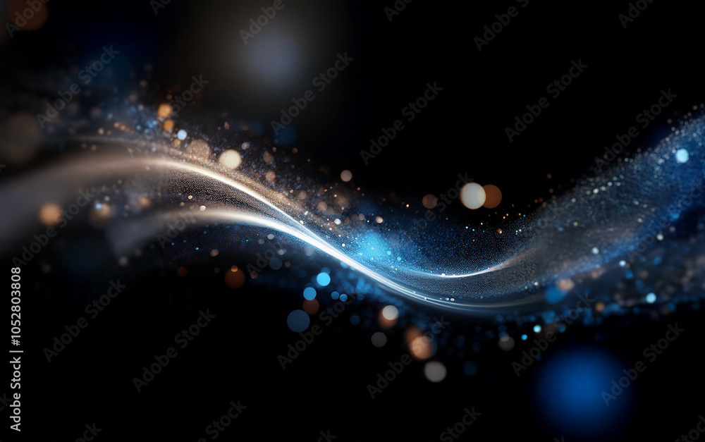 A glowing blue and white wave with scattered bokeh lights on a black background. A glowing blue and white wave with scattered bokeh lights on a black background.