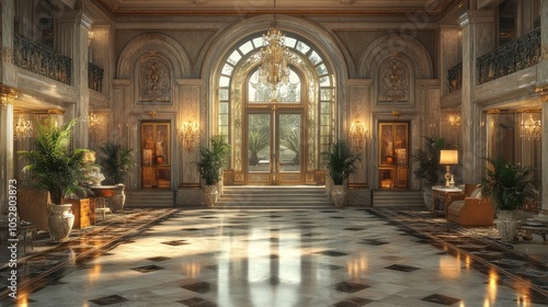 Wallpaper Mural Elegant lobby with marble floors, chandeliers, and lush plants. Torontodigital.ca