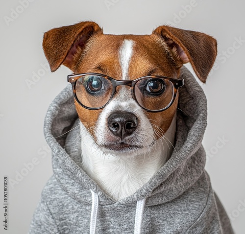 The adorable dog is staring at the computer screen. The computer screen is a blank screen. The emphasis is on concentration and attentiveness. The nerd is scrupulously focusing on his work. photo