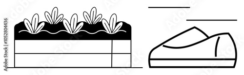 Minimalistic design of a shoe beside a garden box with plants. Ideal for growth, movement, sustainability, nature, agriculture, lifestyle, and environmental themes. Line metaphor