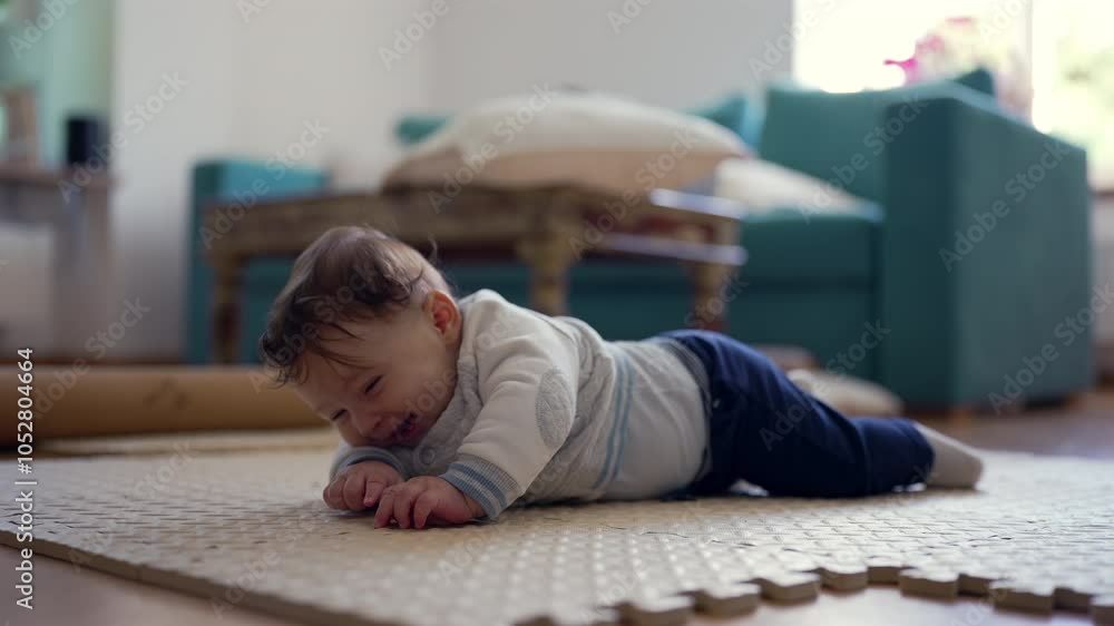 Baby on tummy, lifting upper body, smiling towards camera, playful and engaged, home setting, infant development, happy baby exploring surroundings, curious and attentive Baby on tummy, lifting upper body, smiling towards camera, playful and engaged, home setting, infant development, happy baby exploring surroundings, curious and attentive