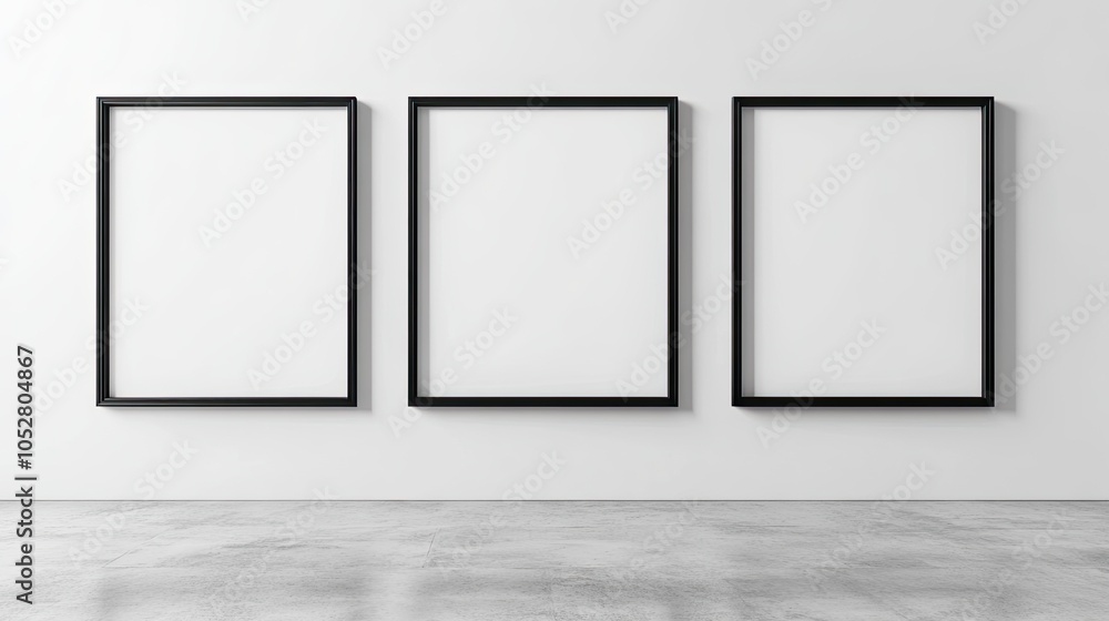 Three black frames hanging on a white wall with concrete floor. Three black frames hanging on a white wall with concrete floor.