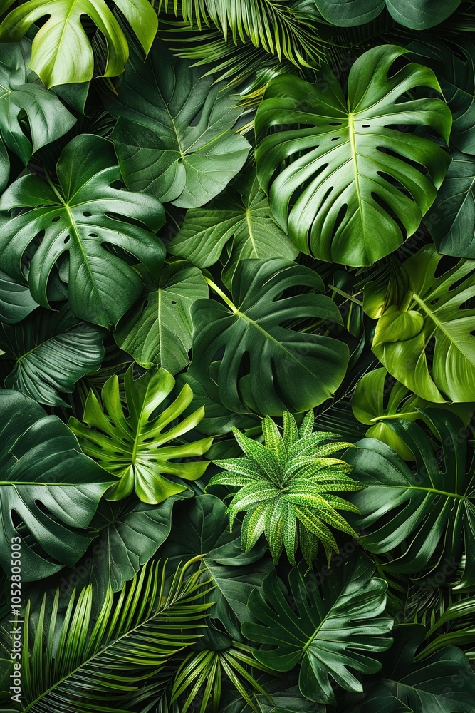 A vibrant arrangement of various tropical green leaves creating a lush, natural backdrop. A vibrant arrangement of various tropical green leaves creating a lush, natural backdrop.