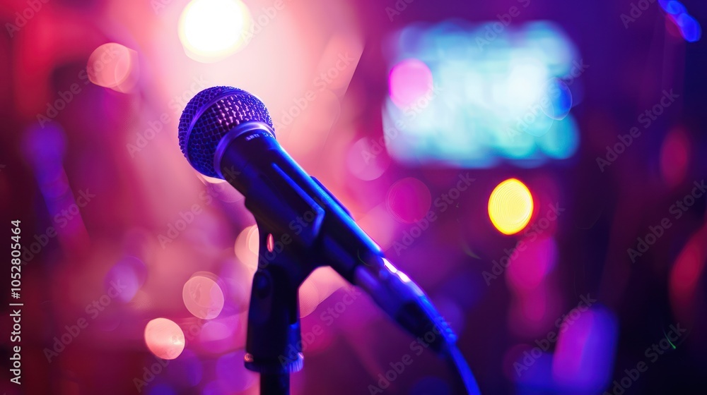 Obraz premium Microphone on Stage with Blurred Lights