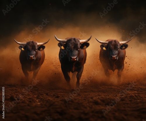 Three powerful bulls charge forward through a swirling cloud of dust, showcasing their strength and determination against a dramatic backdrop. A stunning display of nature?s raw energy. photo