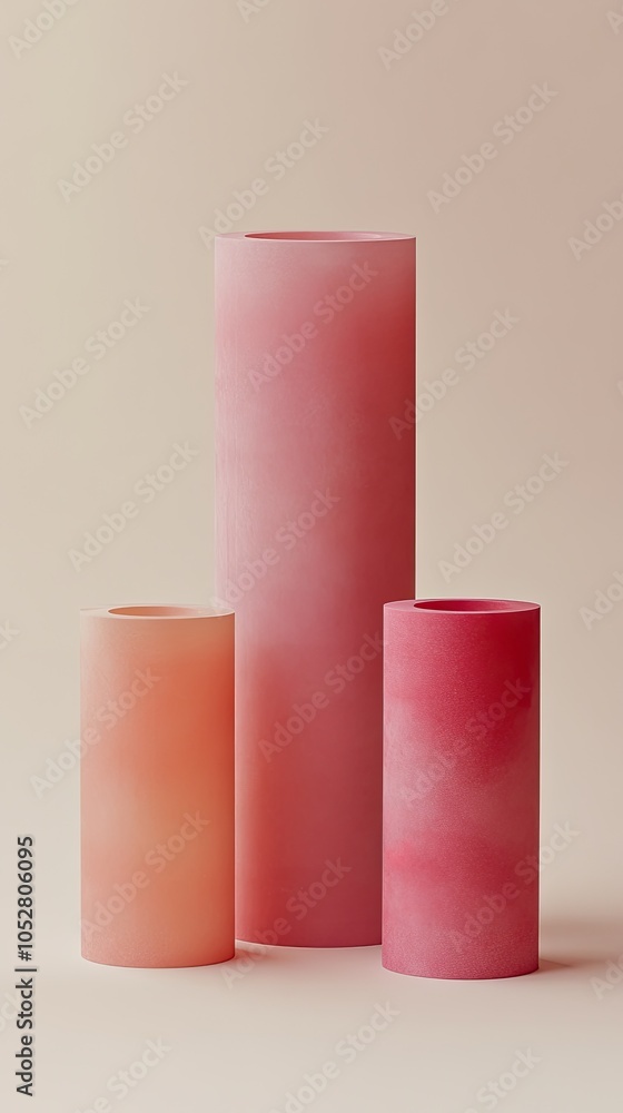 Three pink and orange candles of varying heights arranged in a row on a white background. Three pink and orange candles of varying heights arranged in a row on a white background.