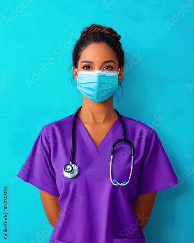 A confident healthcare professional in a purple uniform and protective mask stands against a turquoise background, symbolizing dedication and care in the medical field.