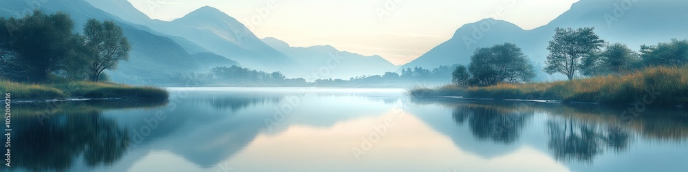Serene landscape with mountains and calm water at dawn. Serene landscape with mountains and calm water at dawn.