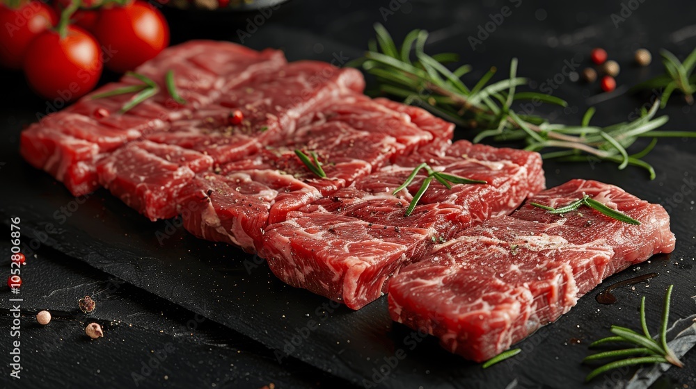 Fresh Organic Grass-Fed Raw Meat with Rosemary Pepper and Tomatoes on Dark Background Top View Fresh Organic Grass-Fed Raw Meat with Rosemary Pepper and Tomatoes on Dark Background Top View