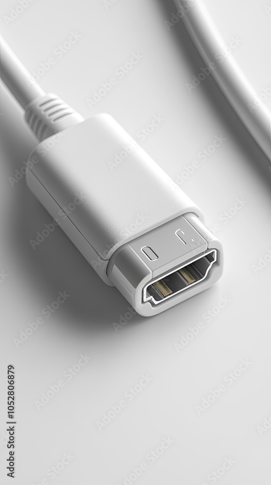 Close-up of a white HDMI cable connector on a white background. Close-up of a white HDMI cable connector on a white background.