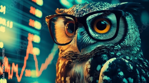 An owl wearing glasses analyzing stock market charts photo