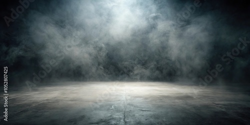 Panoramic gloomy space with charcoal fog on concrete floor