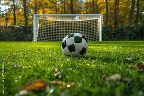 soccer ball on grass near goal in sunny stadium, advertising sports event or match, football club team field, green lawn with net and trees background photo