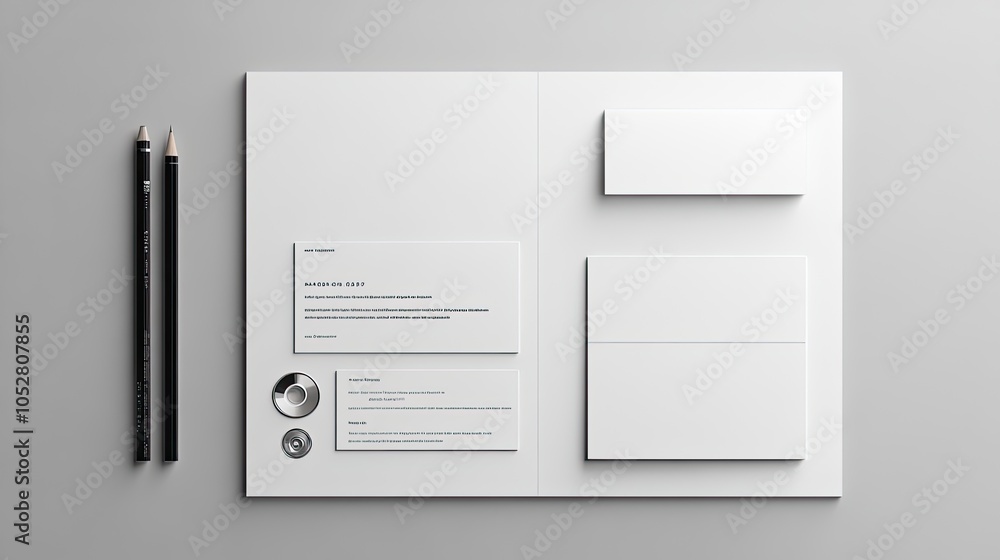 Blank stationery mockup with two pencils, a business card, a folder and a round paperweight on a grey background. Blank stationery mockup with two pencils, a business card, a folder and a round paperweight on a grey background.