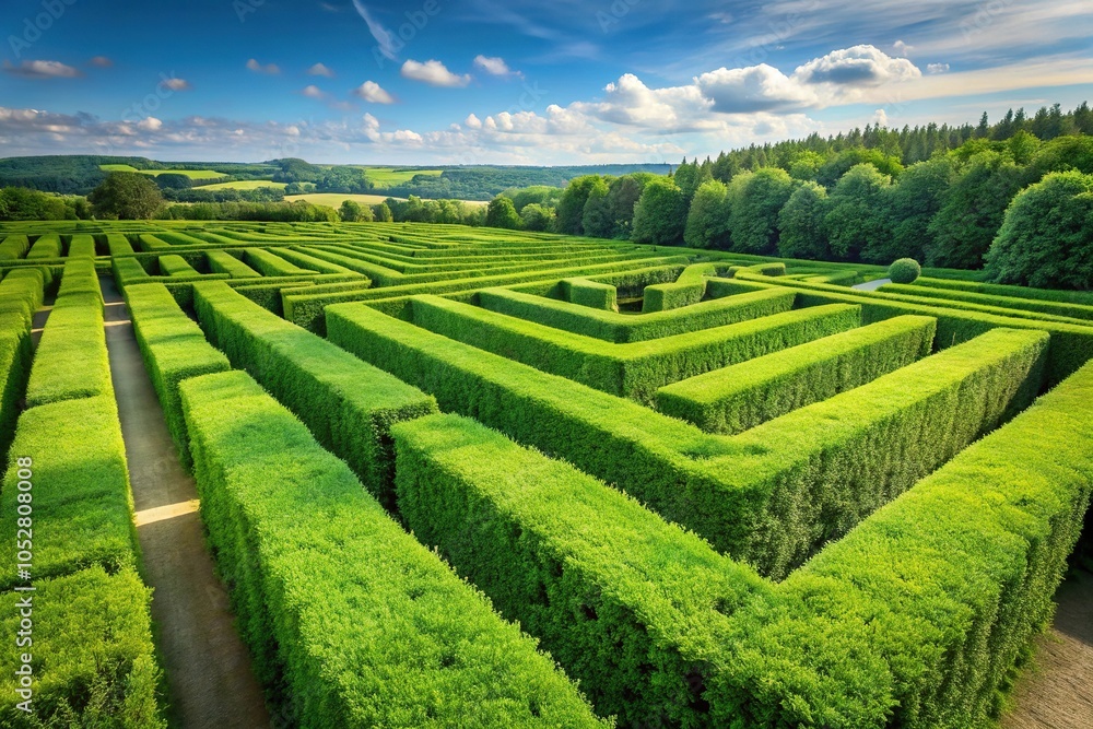 Panoramic hedge plant maze labyrinth in light green