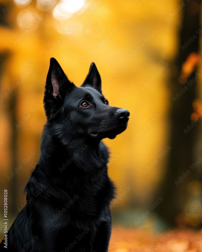 A striking close-up of a black dog amidst a vibrant autumn backdrop. The dog gazes thoughtfully, blending elegance and grace with the warm hues of fall. A striking close-up of a black dog amidst a vibrant autumn backdrop. The dog gazes thoughtfully, blending elegance and grace with the warm hues of fall.