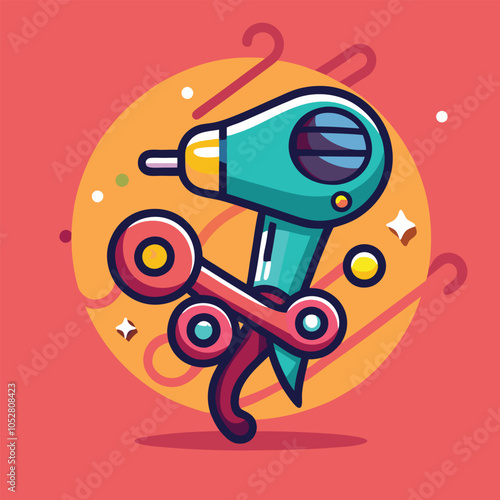 A colorful illustration of a hairdryer and scissors.