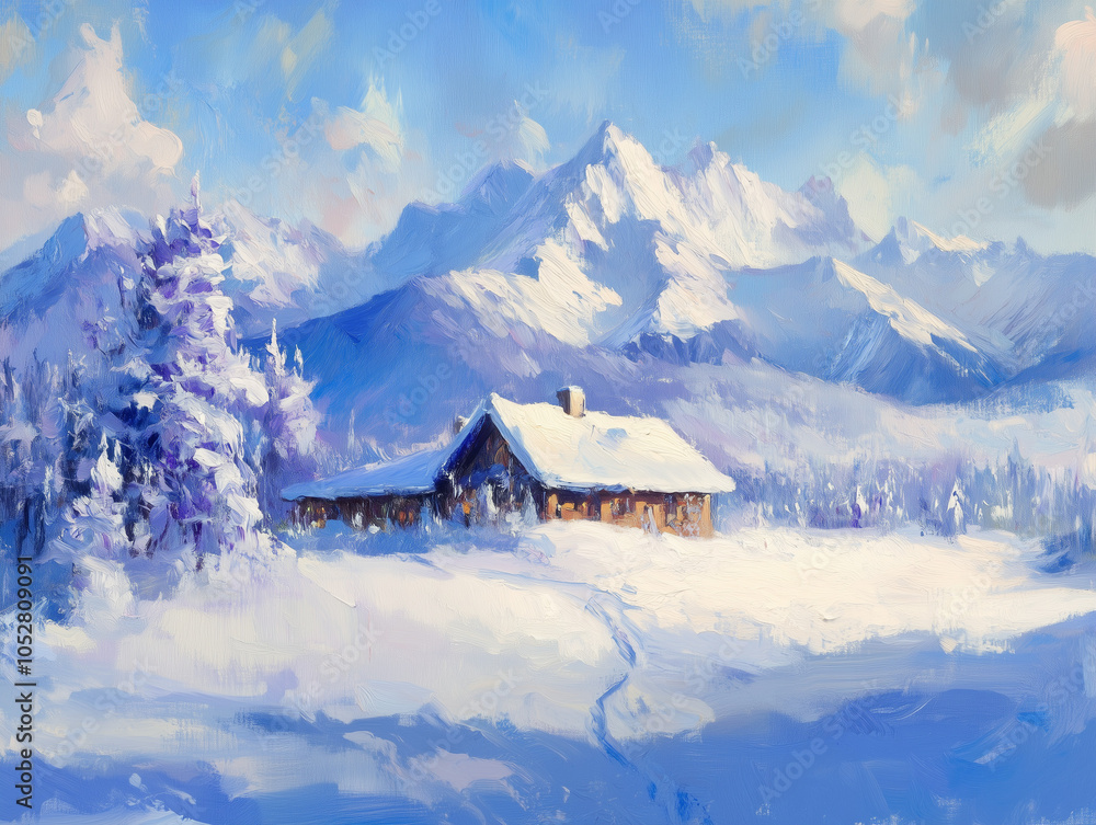 Fototapeta premium winter scene with a snow-covered cabin nestled in a forest