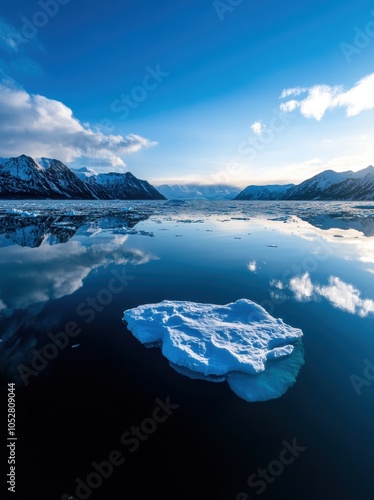 A tranquil scene showcasing a solitary iceberg floating on calm waters, surrounded by majestic snow-capped mountains under a bright blue sky, reflecting the beauty of nature. photo