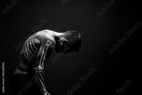 This evocative image captures a figure with a skeletal design, representing the contrast between fragility and strength in the human experience. A visual metaphor of vulnerability.