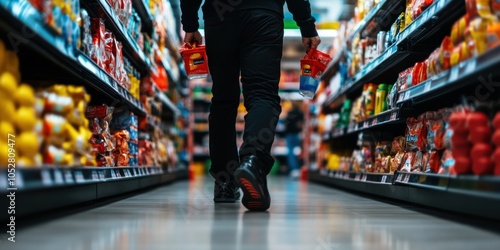 A shopper navigates through a vibrant grocery aisle, holding snacks while surrounded by colorful products. A perfect snapshot of everyday retail life and consumer choices.