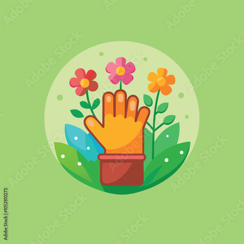 A hand wearing a gardening glove, surrounded by green leaves and colorful flowers.