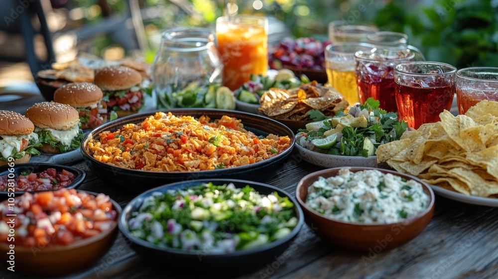 Obraz premium A Table Spread of Food and Drinks for a Gathering