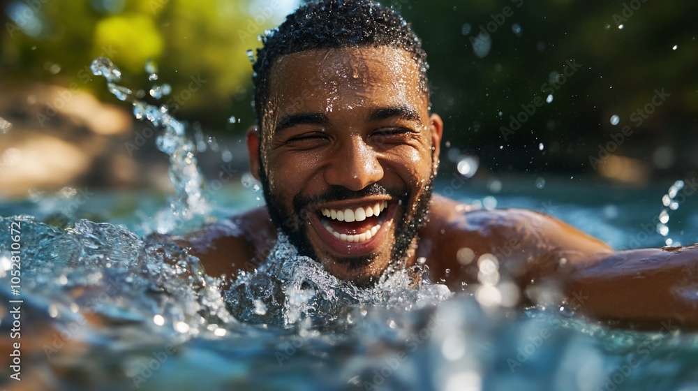 Obraz premium A young man smiles while swimming in a river.