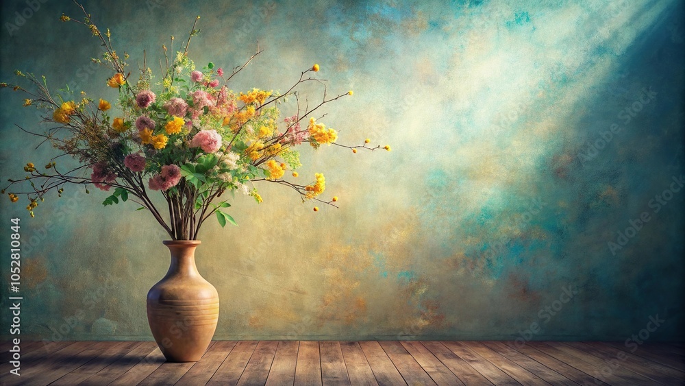 panoramic painting, vase, flowers, tree, interior decor panoramic painting, vase, flowers, tree, interior decor