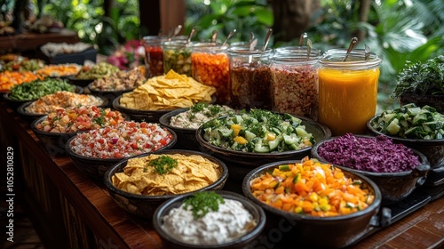 A Rustic Buffet Table Filled with an Array of Appetizers and Condiments