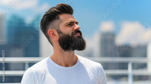 A striking portrait of a bearded man gazing upwards, showcasing thoughtful expression and captivating features. photo