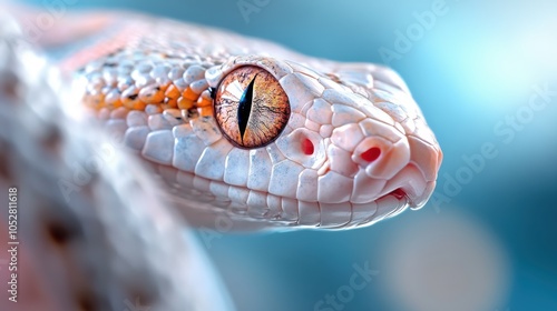 An intricate detailed image of a snake displaying an unusual white pattern against a soft blue background, illustrating the charm of exotic wildlife nature. photo