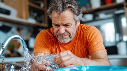 A content man serenely rinses dishes in a bustling modern kitchen, illustrating the calm and satisfaction of accomplishing everyday tasks in a harmonious environment. photo