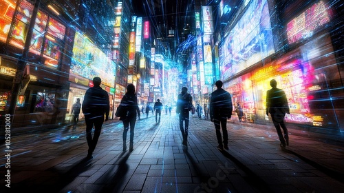 Group of friends walking through a futuristic city with neon lights and holographic advertisements, faces glowing with excitement and wonder, capturing the dynamic atmosphere of adventure and possibil photo